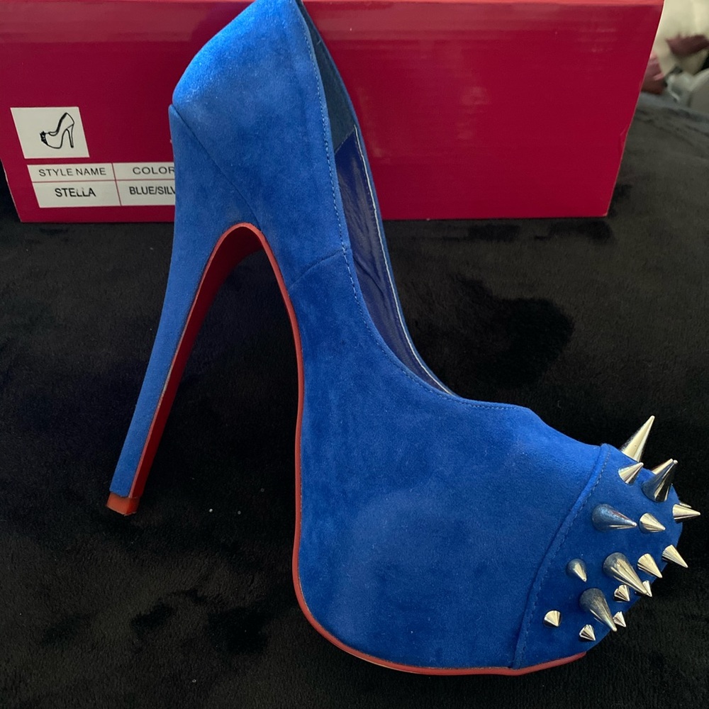 Blue Suede with Spikes Red Bottom Inspired Heels